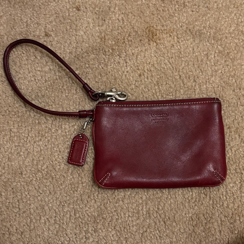 Coach Burgundy Leather Wristlet with Silver Hardware